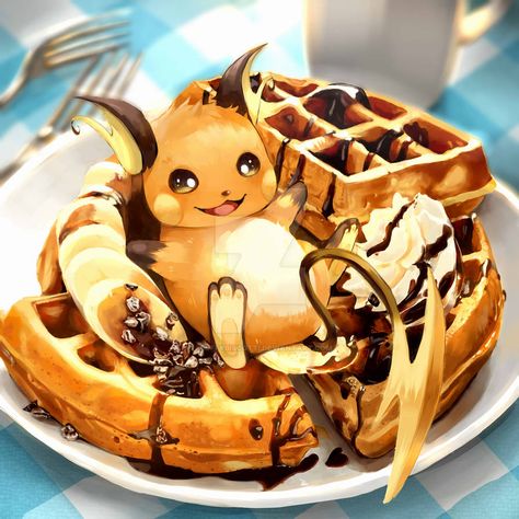 Pokemon - Raichu x Waffles by fluffybiscotti on DeviantArt Pokemon Raichu, Pokemon Food, Into Drawing, Cute Pokemon Pictures, Pokemon Ships, Pokemon Pictures, Drawing Prints, Cute Pokemon, Pokemon Art