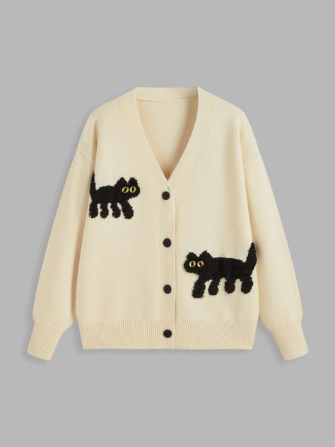 V-neck Cat Pattern Button Knitted Cardigan - Cider Pattern Cardigan, Knitted Long Sleeve, Neckline Designs, Patterned Cardigans, Clothing Details, Trendy Clothes For Women, Knitted Cardigan, Cat Pattern, Fall Sweaters