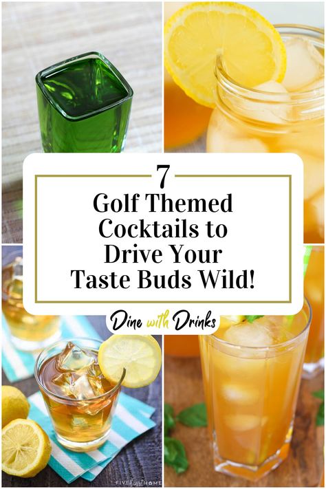 Collage of 4 golf themed cocktails. Masters Golf Cocktails, Golf Theme Cocktail, Golf Course Event Ideas, Golf Drinks Alcohol, Master Golf Party Ideas, Golf Shots Alcohol, Golf Party Drink Ideas, Golf Theme Drinks, Golf Themed Jello Shots