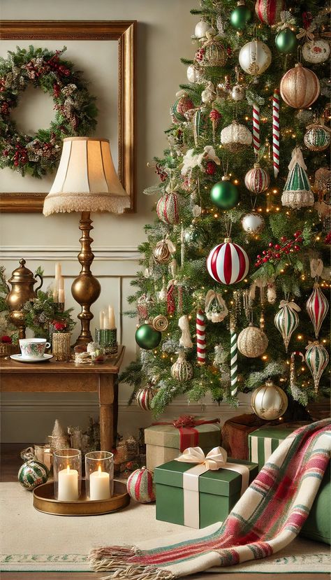 Holiday House Retro Christmas Tree Decorations, Red Green And Gold Christmas Tree Ideas, Christmas Tree With Big Ornaments, Vintage Christmas Inspiration, Christmas Decor 2024-2025, Christmas Trees 2024, Christmas Tree Ideas 2024, 2024 Christmas Trends, Traditional Christmas Tree Decorations