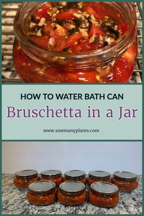 Canning Bruschetta, Bruschetta In A Jar, Canning Tomatoes Water Bath, Canning Water, Water Bath Canning Recipes, Canning Tomatoes Recipes, Homemade Bruschetta, Simple Appetizer, Pressure Canning Recipes