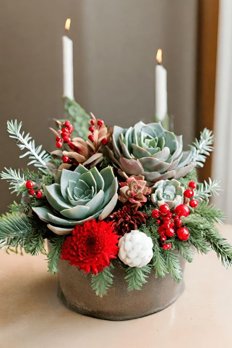 9 Christmas Succulent Ideas for the Holiday Season - Blooming Anomaly Succulent Christmas Centerpiece, Succulent Tree Christmas, Succulent Christmas Wreath, Succulent Ornament Christmas, Holiday Workshop Ideas, Christmas Floristry Ideas, Small Christmas Arrangements Ideas, Christmas Flower Ideas, Fall Succulent Arrangements