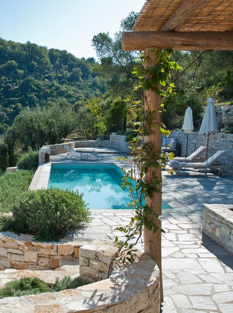 Pool Paving, Greek House, Natural Swimming Pools, Corfu Greece, Natural Swimming Pool, Modern Pools, Countryside House, Casa Exterior, Swimming Pools Backyard