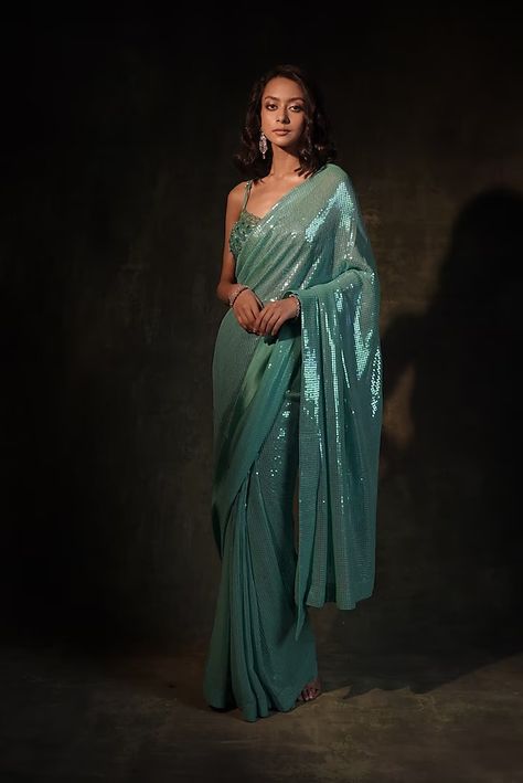 Sea Green Georgette Sequins Saree Set Design by MeenaGurnam at Pernia's Pop Up Shop 2024 Teal Green Saree, Sequins Saree, Net Embroidery, Sequin Saree, Scalloped Design, Padded Blouse, Green Saree, Pattern Embroidery, Blouse For Women