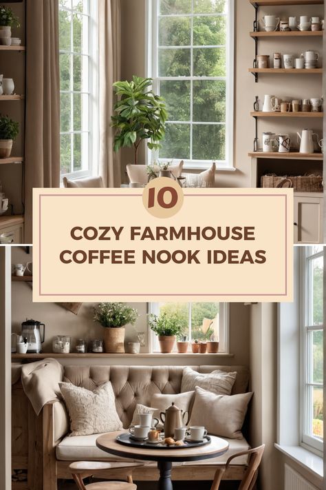 Discover 10 stylish and cozy farmhouse coffee nook ideas. This pin features a cozy nook filled with natural light, inviting decor, and plush seating for the perfect coffee time. Coffee Station With Seating, Coffee Shop Seating Ideas Cozy, Coffee Nook Seating Ideas, Cafe Seating In Kitchen, Cozy Sitting Area In Kitchen, Coffee Bar Sitting Area, Coffee Nook Ideas Cozy Corner, Small Sitting Room Ideas Off Kitchen, Small Sitting Area In Kitchen