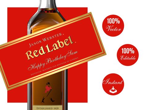 Johnnie Walker Red Label printable realistic label. Customizable replica of the red label with faux gold texture. Can be fully personalized and downloaded without software in minutes via online Corjl editor. No software or font installation required.  Two size variations are included. 750ml and 1.75L.  EDITABLE AREAS: - All text elements are editable.  - Background color and colors of all elements can be changed. WHAT IS INCLUDED: - Simple online editing via Corjl. No software required. - 2 Size variations. 750ml and 1.75L. NOTES: * The template is using faux gold texture to create gold foil effect. Whisky Red Label, Whisky Label, Walker Logo, Johnnie Walker Red Label, Text Elements, Label Printable, Whiskey Gifts, Gift Printable, Johnnie Walker