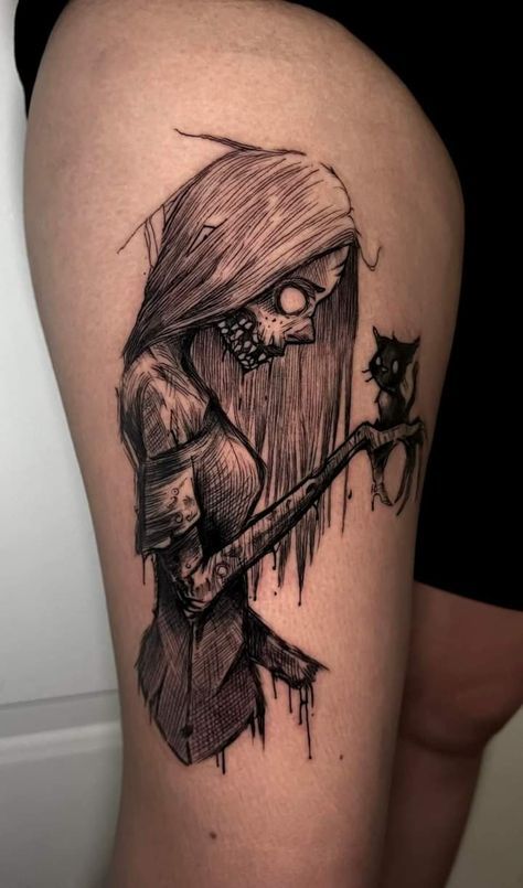 Feminine Dark Tattoos, Scary Leg Tattoos, Scary Tattoos Women, Gothic Thigh Tattoo, Small Scary Tattoos, Tattoo Ideas Creepy, Scary Tattoos Dark Art, Simple Creepy Tattoos, Dark Tattoos Creepy Beautiful