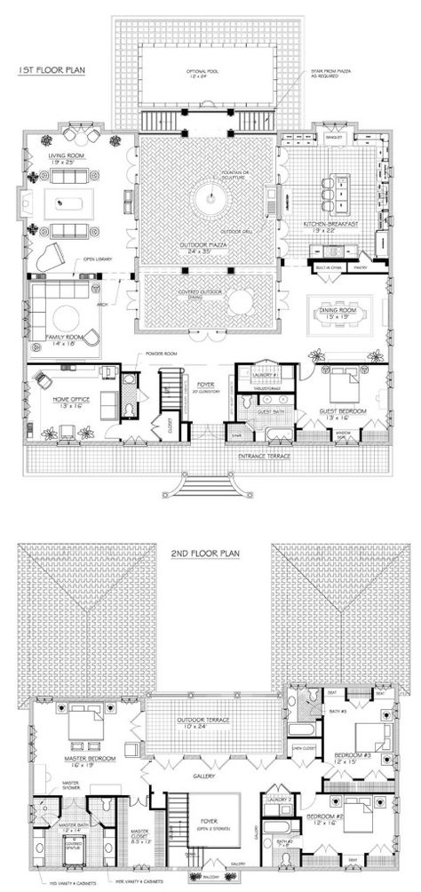 U Shaped House Plans On Home With Unique Floor Plan Pool In Middle Courtyard With Awesome U Shaped Modern French Style Home, U Shaped House Plans, French House Plans, U Shaped Houses, Style Fireplace, Unique Floor Plans, Farmhouse Floor Plans, Courtyard House Plans, House Plans One Story