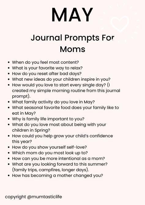 May Journal Prompts for Moms. Get these (plus another 60 more May prompts) in my latest blog post! Happy writing. Postpartum Journal Prompts, Motherhood Journal Prompts, Journal Prompts For Moms, Pregnancy Journal Prompts, Mom Journaling, Mom Journal Prompts, May Prompts, May Journal Prompts, May Journal