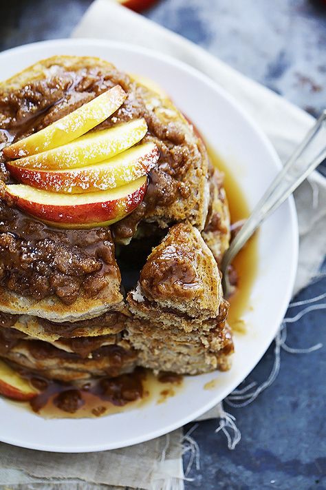 Apple Cinnamon Streusel Pancakes | Creme de la Crumb Apple Crumble Pancakes, Cinnamon Streusel Pancakes, Apple Pie Pancakes, Cinnamon Streusel Topping, Homemade Coffee Cake, Breaking Fast, Crumb Recipe, Apple Streusel, Cinnamon Streusel