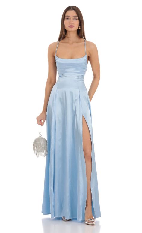 Year 6 Formal Dresses Australia, Periwinkle Long Dress, Prom Dresses Pastel Colors, Light Blue Prom Dress Long, Blue Grad Dresses, Winter Formal Dresses Long, Light Blue Long Dress, Blue Satin Prom Dress, Pastel Blue Dress