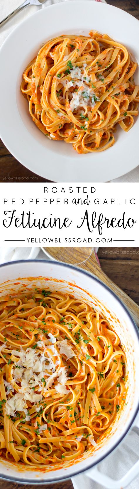 Roasted Red Pepper and Garlic Fettuccine Alfredo. Yummy and Easy dinner recipe that will please a crowd. Garlic Fettuccine, Whole30 Beef, Resep Pasta, Fettuccine Alfredo, Roasted Red Pepper, Think Food, Best Dinner Recipes, Rigatoni, Roasted Red Peppers