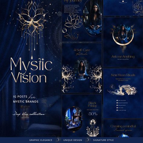 Mystic and witchy Instagram post templates featuring navy blue, gold, and astrology. Perfect for promoting your business, services, or products in a magical and stylish #Navy_Blue_Business_Card #Astrology_Color_Palette #Astrology_Graphic_Design #Graphic_Design_Instagram_Feed Astrology Color Palette, Astrology Graphic Design, Fantasy Vibes, Magia Elemental, Spiritual Design, Medium Readings, Reading Tarot, Tarot Astrology, Social Post