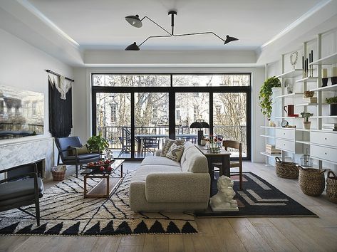 Living Room Workspace, Living Room New York, A Room With A View, Home Workspace, Narrow Living Room, Desk In Living Room, Living Room Decor Inspiration, Room With A View, Living Room Loft