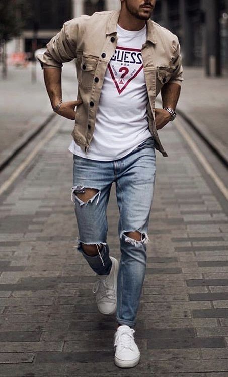 Guy Style Outfits, Ripped Jeans Outfits, Jeans Outfit Men, Ripped Jeans Outfit, Blue Jean Outfits, Street Jeans, Mens Casual Outfits Summer, Ripped Jeans Men, Outfits For Men