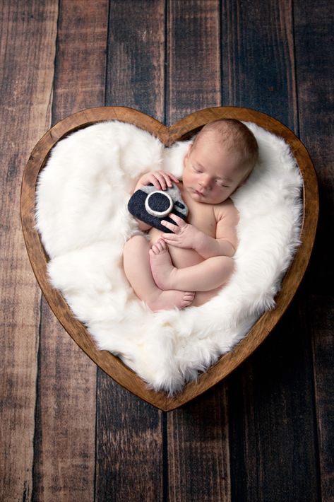 A newborn baby boy posed on a white fur blanket in a heart shaped bowl photography prop holding a felt camera photography prop. Newborn photography prop is sitting on a wood floor drop with a dark stain. Valentine's Day newborn photography baby boy. Newborn Heart Bowl, Newborn Valentine Pictures, Felt Camera, Bowl Photography, Newborn Photos Boy, Baby Boy Newborn Photography, Newborn Photography Boy, Studio Newborn, Valentine Picture