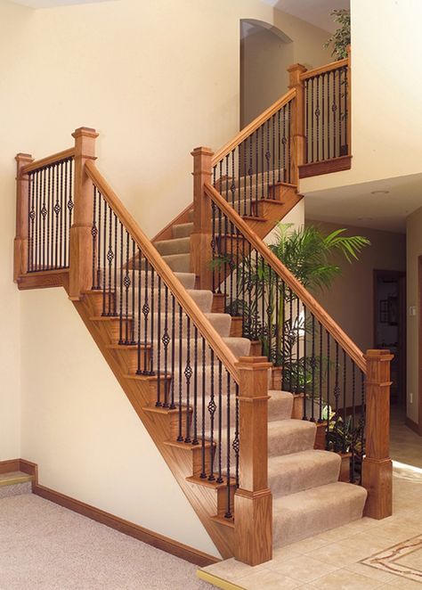 Wood Railings For Stairs, Staircase Railing Design, Diy Staircase, Iron Stair Railing, Stair Railing Design, Staircase Remodel, Staircase Makeover, Iron Balusters, Stair Remodel