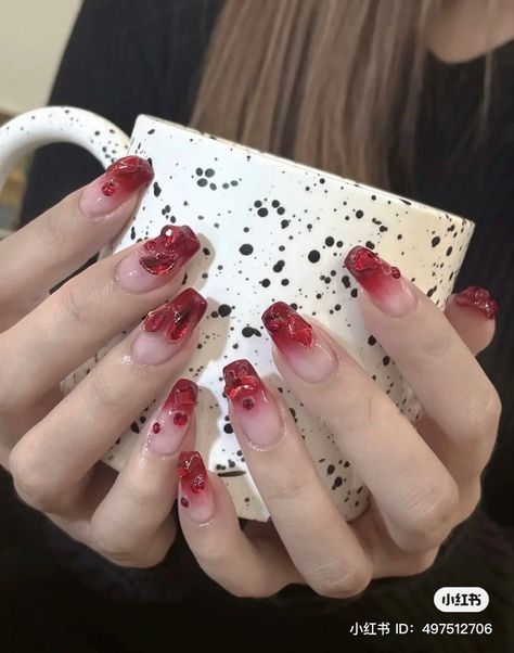 Deep Red Coffin Nails, Nails Korean, Jelly Tint, Kiara Sky Gel Polish, Korean Y2k, Sheer Nails, Nail Soak, Kiara Sky, Red Nail Art