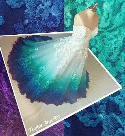 Blue and white faded wedding dress Green And White Wedding Dress, Blue Green And White Wedding, Peacock Color Dress, Peacock Wedding Dresses, Dip Dye Wedding Dress, Dye Wedding Dress, Green And White Wedding, Ombre Prom Dresses, Peacock Wedding