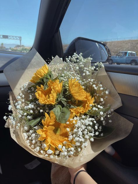 Flowers, sunflowers, anniversary flowers, flower arrangement, baby’s breath, boyfriend, anniversary gift Sunflowers And Baby Breath, Daisy Prom Bouquet, Yellow Flower Bouquet Aesthetic, Sunflower And Baby Breath Bouquet, Baby Breath Flower Arrangements, Babys Breath Boquets, Daisys And Sunflowers, Sunflower Bouquet Aesthetic, Baby's Breath Arrangement