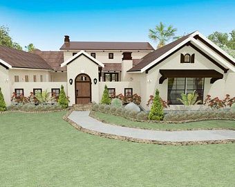 4 bedroom house plans | Etsy Courtyard House Plans, Cottages And Bungalows, Double French Doors, Building Plan, Ranch Style Homes, Modern Farmhouse Plans, Custom Home Designs, Cottage House Plans, Architectural Drawings