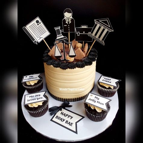 For her Lover, a Lawyer. Black and white buttercream cake, with two cupcakes on either side of the board. 
Cake combines some details of the celebrant's profession, Law, and his personal life with his Love.
I'm fond of this cake and I call it "For Her Learned Bae". Lawyer Theme Cake Topper Printable, Cake For Lawyer Birthday, Lawyer Birthday Cake Ideas, Law Theme Cake, Cake For Lawyer, Law Cake Ideas, Black And White Buttercream Cake, White Buttercream Cake, Two Cupcakes