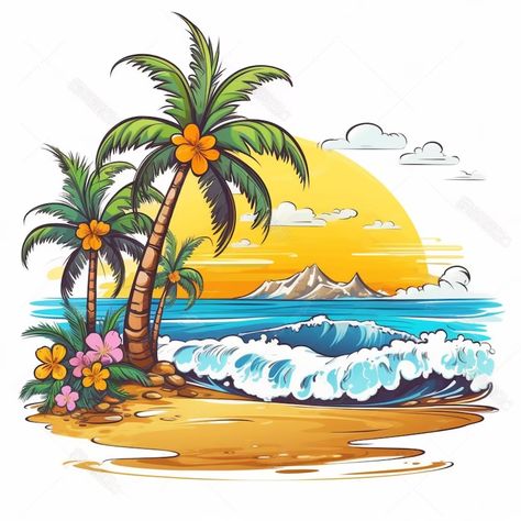 Premium Photo | Tropical beach with a tropical island and palm trees. Coco Beach Florida, Palm Trees Illustration, Island Drawing, Palm Tree Clip Art, Palm Tree Drawing, Beach Cartoon, Palm Tree Island, Beach Drawing, Tropical Illustration