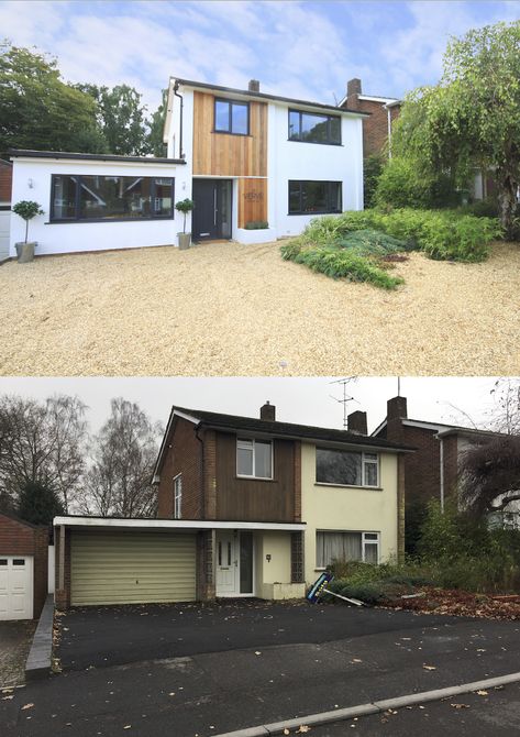 Facelift and full refurb of 1960’s detached house in Southampton. Garage conversion, full render, new windows in RAL7016, cladded in red cedar. 1970s House Remodel, 1970s House Renovation, 70s House Exterior, 1960s House Renovation, Rendered Houses, 1970s House, Exterior House Renovation, 1960s House, 70s House