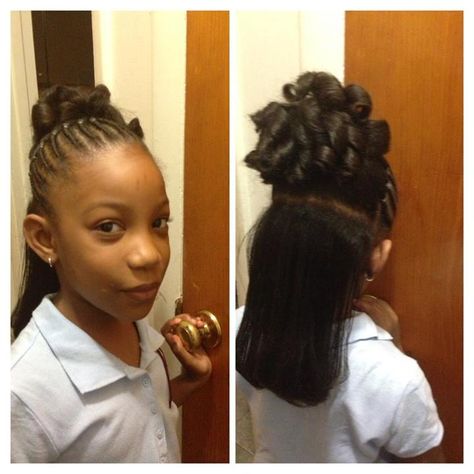 flat twist to pony tail and candy curls with flat ironed hair Kids Flat Iron Hairstyles Black, Flat Twist Hairstyles For Kids, Flat Irons, Flat Twist Pigtails, Flat Twist Hairstyles, Kid Braid Styles, Lil Girl Hairstyles, Flat Iron Hair Styles, Natural Hairstyles For Kids