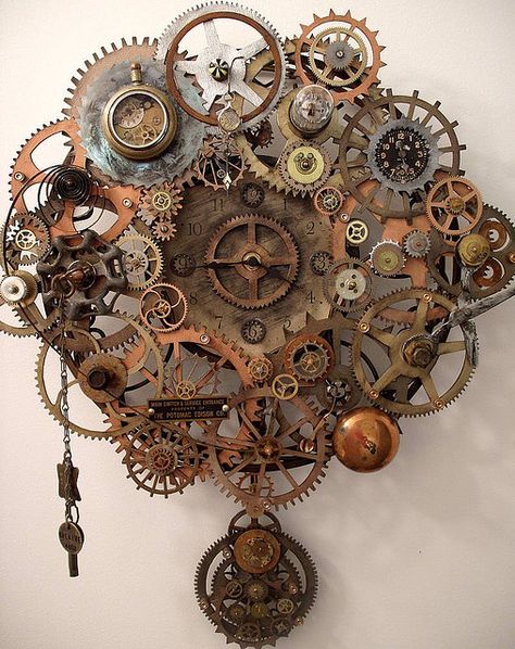 Steampunk Breathe Pendulum Clock by Erin Keck.  More here!  This is a steampunk clock that was created for  "New Artist" Gallery showing at Gallerie 13 in Mechanicsburg, PA Steampunk Architecture, Décor Steampunk, Steampunk Kunst, Mode Steampunk, Futurisme Retro, Art Steampunk, Steampunk Crafts, Steampunk Clock, Diesel Punk