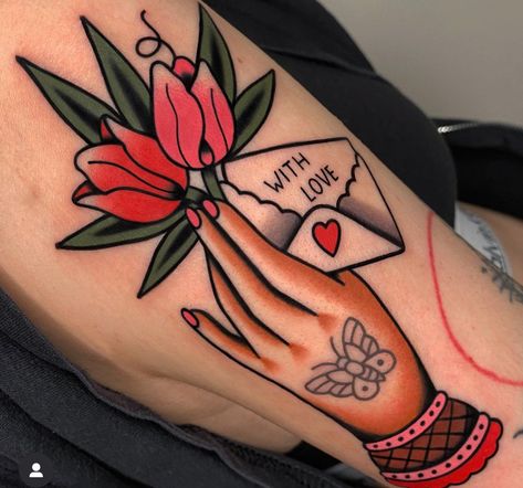 Love Letter Tattoo, Traditional Tattoo Girls, Pastel Tattoo, Traditional Hand Tattoo, Hand Tattoos For Women, American Traditional Tattoo, Messina, Old School Tattoo, Tattoo Lettering