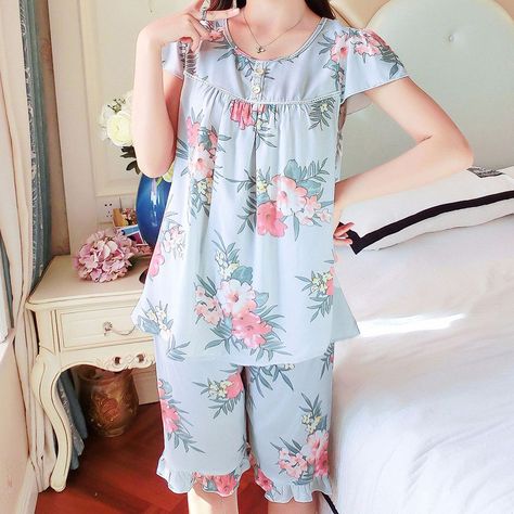 Women Summer Cotton Short Sleeve Printing Two Piece Nightwear Sleepwear Sets Plus Size Nighties, Nightwear Dress, Plus Size Sleepwear, Footie Pajama, Sleep Wear, Night Suit, Sleep And Loungewear, Lehenga Designs, Sleepwear Sets