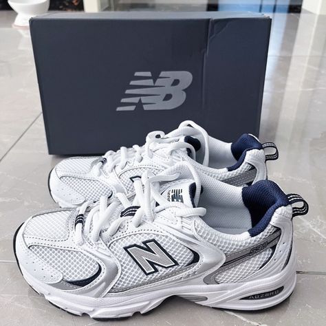 New Balance 530 White with Natural Indigo Size 7.5 New Balance 550 Colors, New Balance 530 White, Shoes New Balance, Pretty Shoes Sneakers, Tennis Tops, Gym Outfits, Balance Shoes, New Balance Shoes, Pretty Shoes