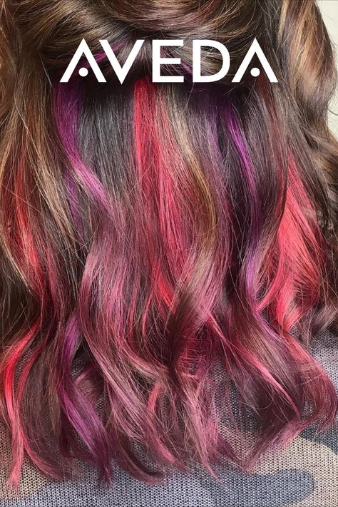 Shoulder Length Dark Brown Hair, Aveda Vibrants, Pink Peekaboo Hair, Peekaboo Hair Color, Pink Peekaboo, Aveda Hair Color, Hair Color Products, Peekaboo Hair Colors, Peekaboo Color