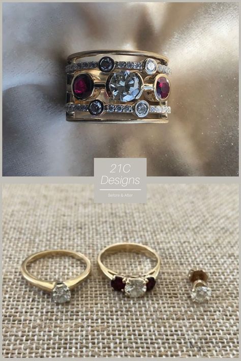 Ruby Jewelry Design, Resetting Jewelry Ideas, Ring Designs From Old Rings, Modern Stone Rings, Vintage Jewelry Redesign, Inherited Jewelry Ideas, New Settings For Old Diamonds, Repurposing Family Diamonds, Remounting Diamonds Rings