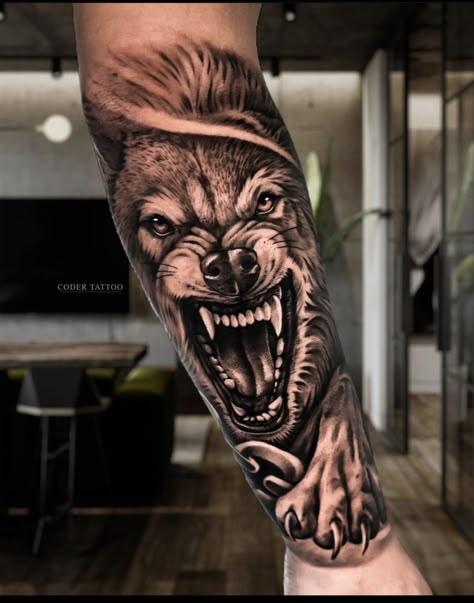 Mens Upper Arm Tattoo, Upper Arm Tattoos For Guys, Lone Wolf Tattoo, Y Tattoo, Wolf Tattoos Men, Angry Wolf, Wolf Tattoo Sleeve, Native American Tattoos, Upper Arm Tattoos