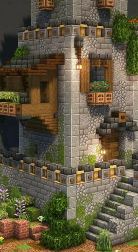 Minecraft Medieval House With Tower, Medieval Staircase Minecraft, Minecraft Foundation Ideas, Minecraft Castle Exterior, Detailed Minecraft Builds, Minecraft Stone House Ideas, Space Engineers Base Design, Mine Shaft Entrance Minecraft, Minecraft Medieval Wall Design