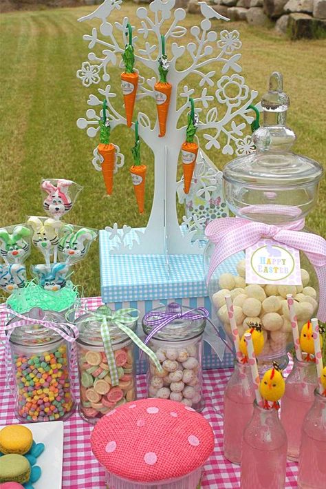 Easter Party Ideas | Photo 11 of 34 | Catch My Party Easter Candy Bar, Chocolate Carrots, Easter Theme Party, Easter Egg Hunt Party, Easter Birthday Party, Treat Table, Easter Party Ideas, Easter Arrangement, Bunny Carrot