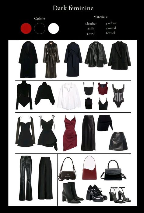 Scorpio Capsule Wardrobe, Dramatic Aesthetic Outfit, Dark Luxe Aesthetic Outfit, Old Money Gothic Outfits, Dress Like A Scorpio, Dark Femine Outfits Summer, Dark Romance Aesthetic Outfits, Dark Feminine Outfit Ideas, Dark Femme Fatale Outfits