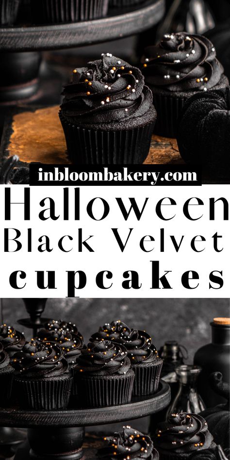 These are the best black velvet cupcakes! They're super moist and chocolatey and topped with a decadent black cocoa buttercream. They have a rich black color that makes these perfect for Halloween parties and all of spooky season! Black Velvet Cupcakes, Black Cocoa Powder, Black Velvet Cakes, Billy Y Mandy, Black Cupcakes, Baking Spices, Black Cocoa, Halloween Fest, Halloween Dessert