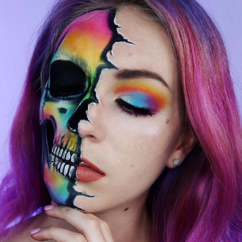 Rainbow Skeleton Costume, Colorful Skeleton Makeup, Rainbow Skeleton Makeup, Colorful Skull Makeup, Rainbow Skull Makeup, Colorful Halloween Makeup, Half Skull Makeup, Skull Face Makeup, Im Okay