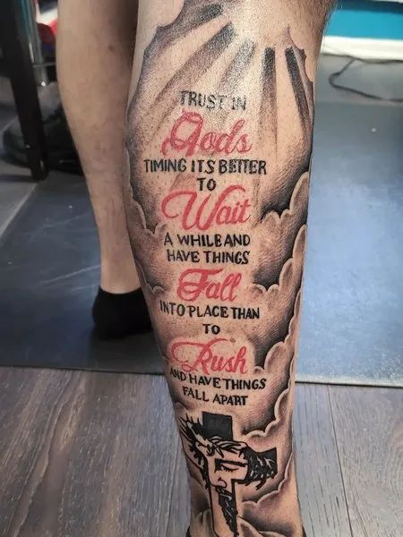 Quote Leg Tattoo Leg Tats Men Ideas, Lower Legs Tattoo For Men, Lighthouse Tattoo Men Leg, Creative Leg Tattoos Men, Leg Lettering Tattoo Men, Quote Tattoos For Men Leg, Quotes Leg Tattoo, Bible Verse Calf Tattoo, Left Leg Tattoo Men