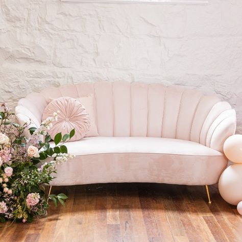 Shell Couch, Party Photo Decorations, White Lounge, Velvet Ottoman, Event Signage, Couch Chair, Bridal Party Photos, White Chair, Pink Bridal