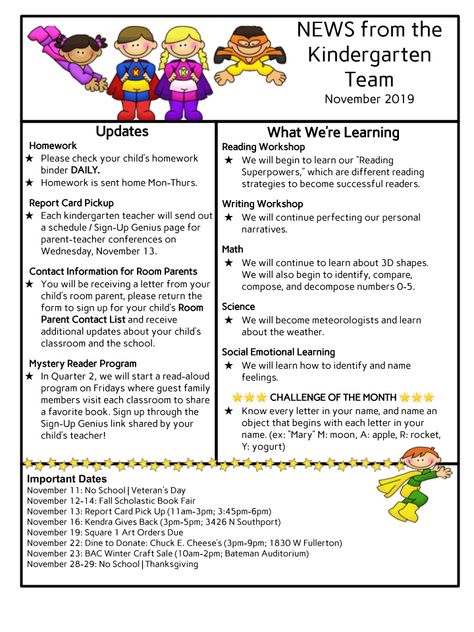 Kindergarten November Newsletter - NEWTON BATEMAN ELEMENTARY SCHOOL Learning Stories Examples, December Newsletter, Kindergarten Newsletter, December Kindergarten, Reading Homework, School Newspaper, Camping Theme Classroom, Learning Stories, Kids Homework