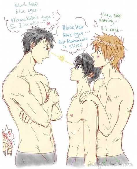 I'll be honest... Sousuke x Makoto = Haru... o.o Lolz. XD || Makoto x Haru x Sousuke -->FREE! Makoto X Sousuke, Haruka X Makoto, Haru And Makoto, Free Makoto, Haruka Nanase, Makoto Tachibana, Free Eternal Summer, Rin Okumura, Splash Free