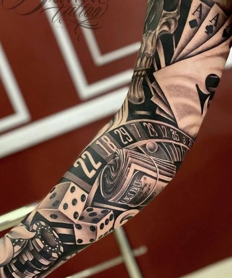 Casino Tattoo, Mangas Tattoo, Full Hand Tattoo, Side Neck Tattoo, Card Tattoo Designs, Full Sleeve Tattoo Design, Men Tattoos Arm Sleeve, Full Arm Tattoos, Cool Arm Tattoos