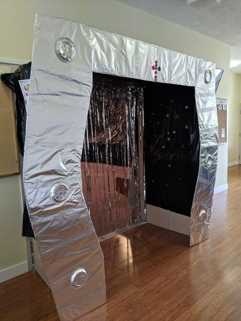 Alien Spaceship Decoration, Alien Decorations Space Theme, Space Theme Hallway, Diy Space Decorations, Space Decorations Party, Stellar Vbs 2023 Decorations, Space Decorations Galaxy, Future Party Theme, Alien Portal