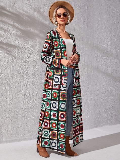 Mandala Print Drop Shoulder Open Front Coat | SHEIN USA Long Crochet Cardigan, Long Sweater Coat, Gilet Crochet, Womens Crochet Patterns, Crochet Tops Free Patterns, Women Outerwear, Crochet Coat, Mandala Print, Long Sleeve Outerwear