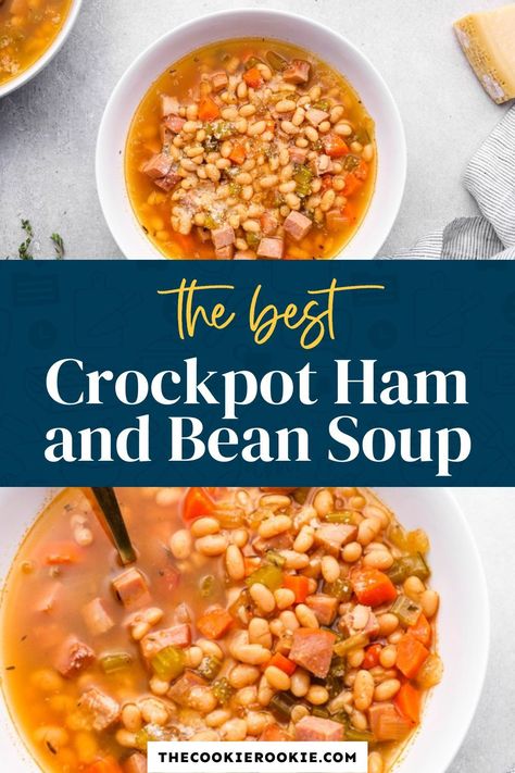 Crockpot Ham and Bean Soup is an easy weeknight dinner that’s equal parts filling and flavorful! Navy beans and ham are the stars of the show, and they’re deliciously complimented by veggies, herbs, and a medley of mouthwatering seasonings. Pop over to my site for the recipe! | soup recipes | dinner recipes | crockpot recipes | Crockpot Ham And Navy Bean Soup, Crockpot Bean Soup Ham, Ham And Bean Crockpot, Navy Bean And Ham Soup Crockpot Slow Cooker, Ham And Navy Beans Crockpot Recipes, Crock Pot Navy Bean And Ham Soup, Ham Bone And Beans Crock Pot, Crock Pot Navy Beans And Ham, Slow Cooker Navy Bean Soup