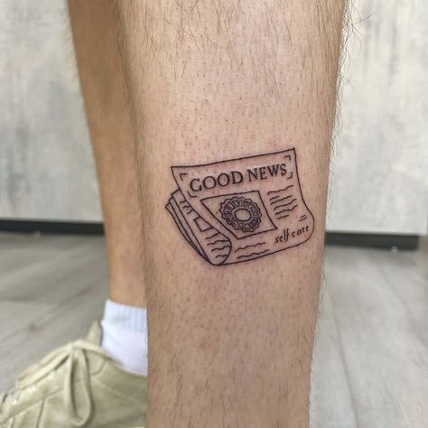 Mac Miller Leg Tattoo, Mac Miller Jet Fuel Tattoo, Mac Miller Tattoos Good News, Journalism Tattoo Ideas, Journalist Tattoo, Good News Tattoo Mac Miller, Coin Tattoo Ideas, Newspaper Tattoo Ideas, News Paper Tattoo